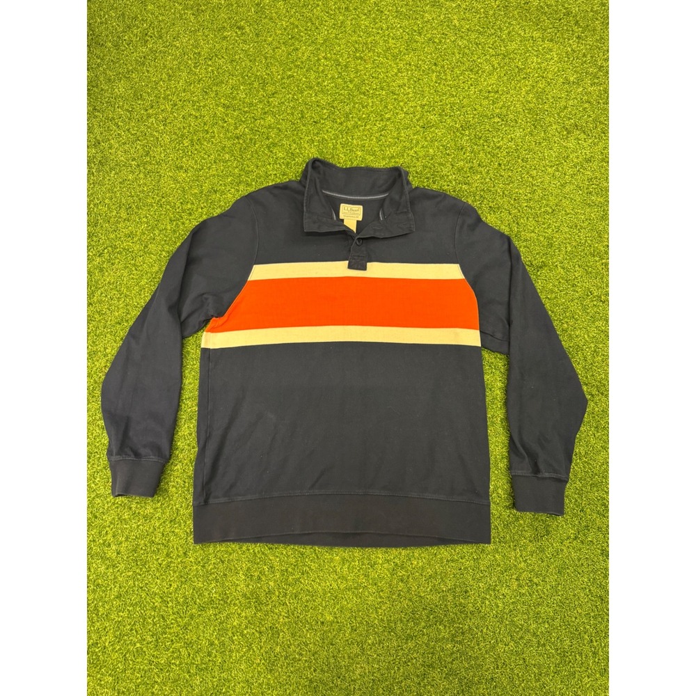 Vintage Y2K LL‎ Bean Mens Rugby Polo Shirt Navy Orange Stripe ID524126 Medium